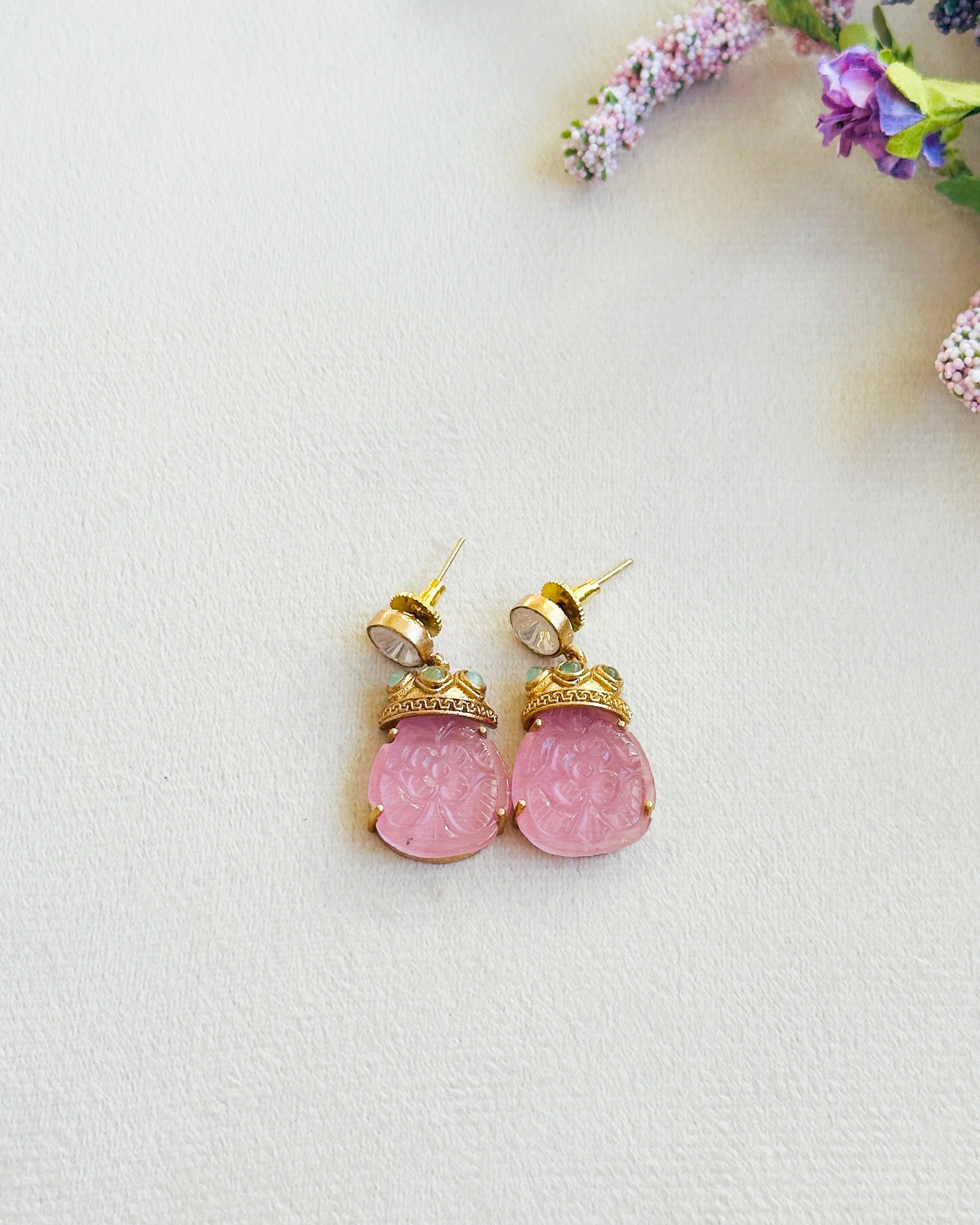 Nivisha Carved Stone Drop Earrings pink - The Pashm