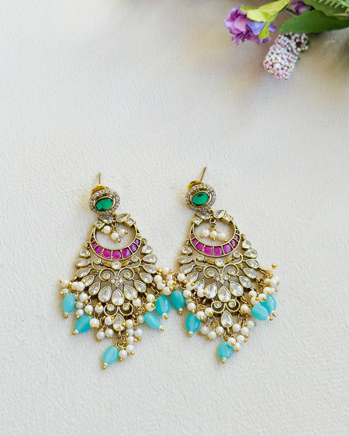Harman Pachi Kundan Chandbali Earrings Blue - The Pashm