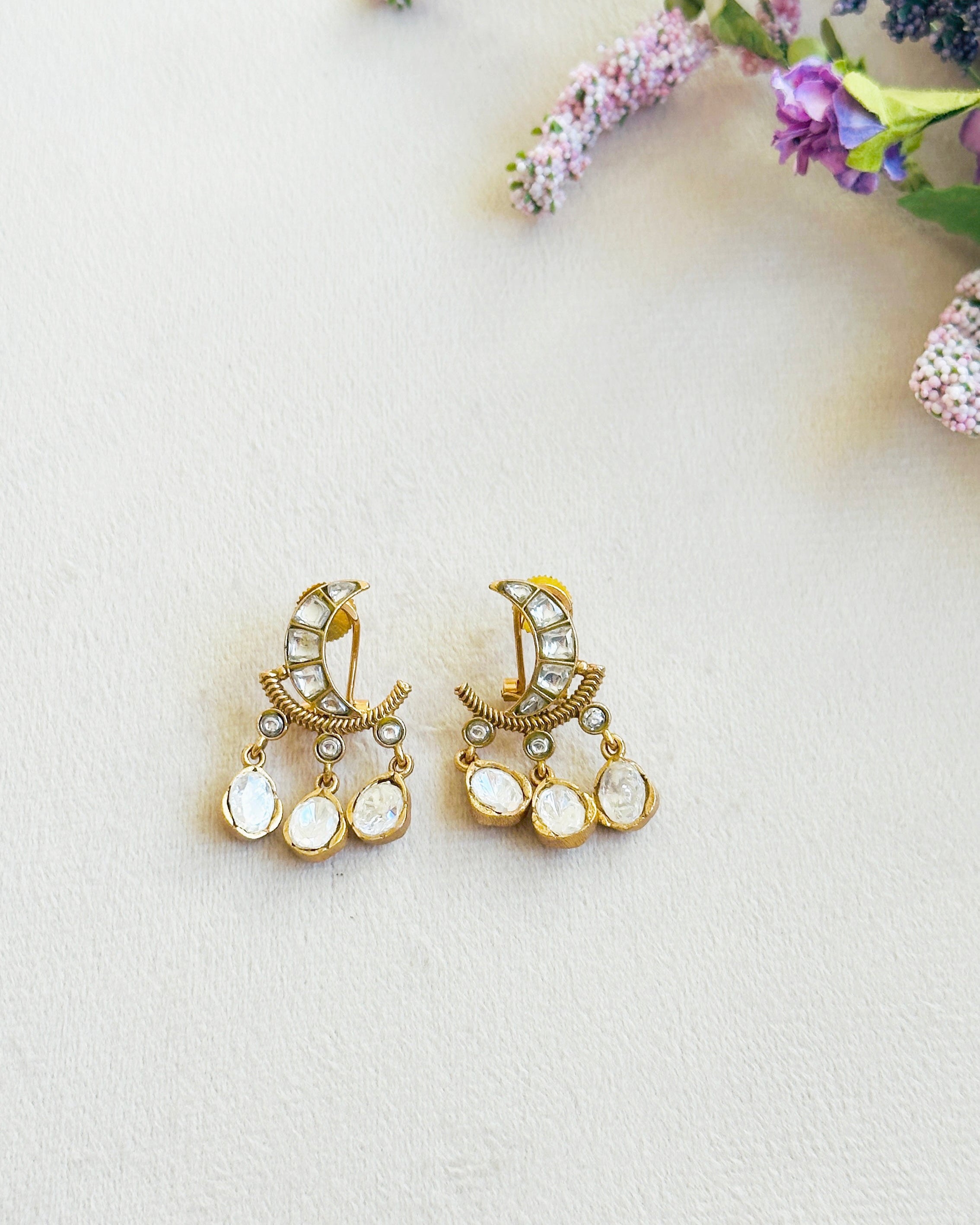 Mahira Crescent Polki Earrings White - The Pashm