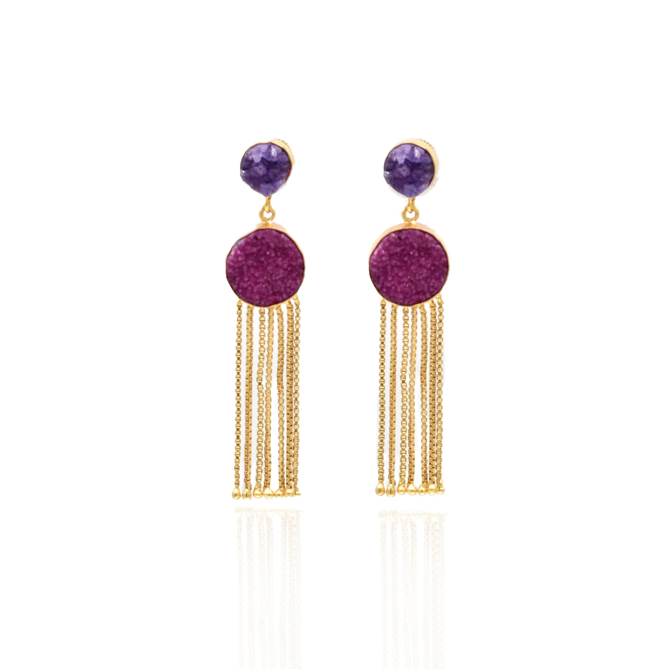 Ava Round Druzy Tassel Earrings Pink Purple - The Pashm