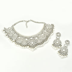 Silver-tone American Diamond choker necklace set with intricate floral detailing, white pearl accents, cascading pearl drops and matching earrings.