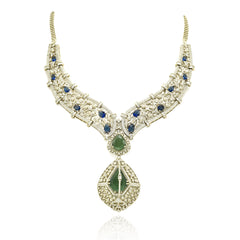 Blue and green American Diamond statement necklace set with floral crystal detailing, large geometric pendant and matching long earrings.