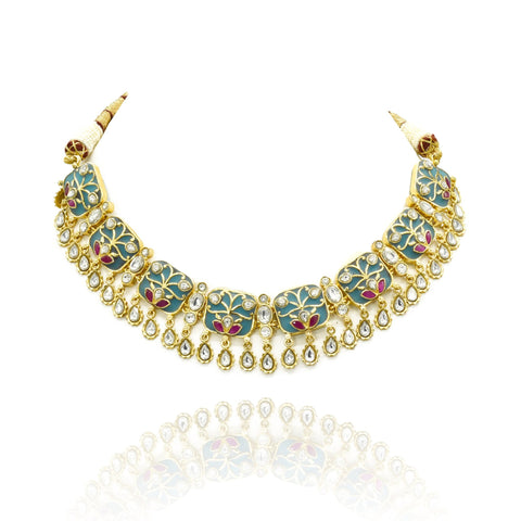 Kusum Motif Blue Necklace Set - The Pashm