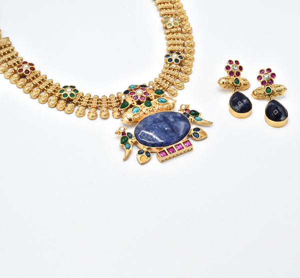 Aadiya Floral Motif Necklace Blue - The Pashm