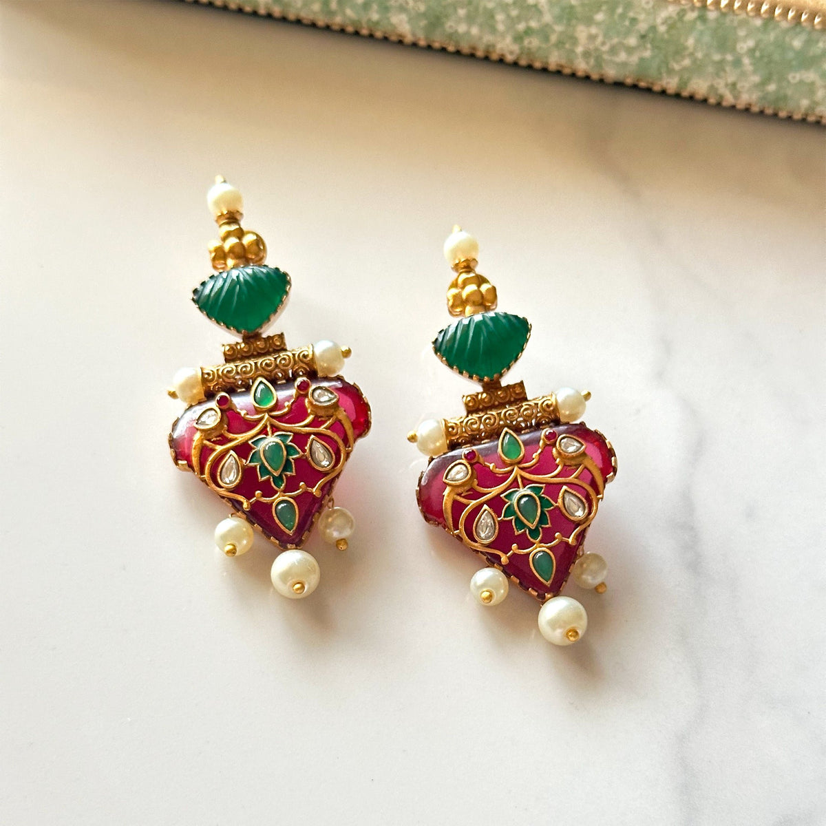 Nyssa Motif Carved Stone Earrings Red - The Pashm