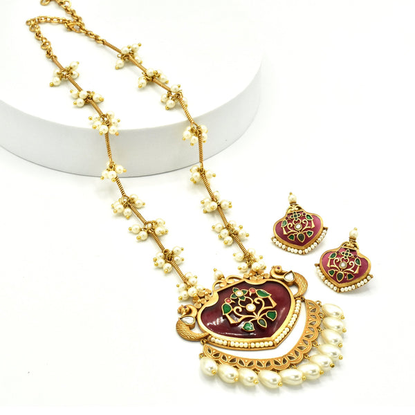 Elayne Motif Pearl Drop Pendant Set - Red The Pashm