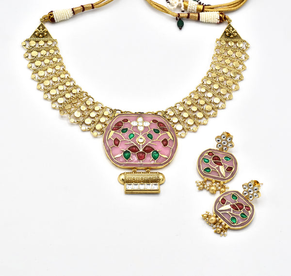 Aashi Floral Motif Necklace Pink - The Pashm