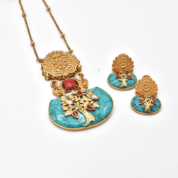 Aabha Turquoise Motif Pendant Set - The pashm