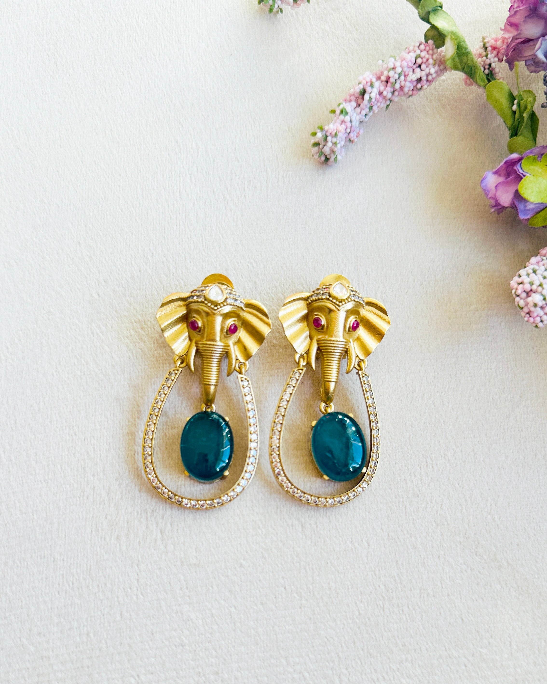 Matira Elephant Motif Statement Earrings Blue - The pashm