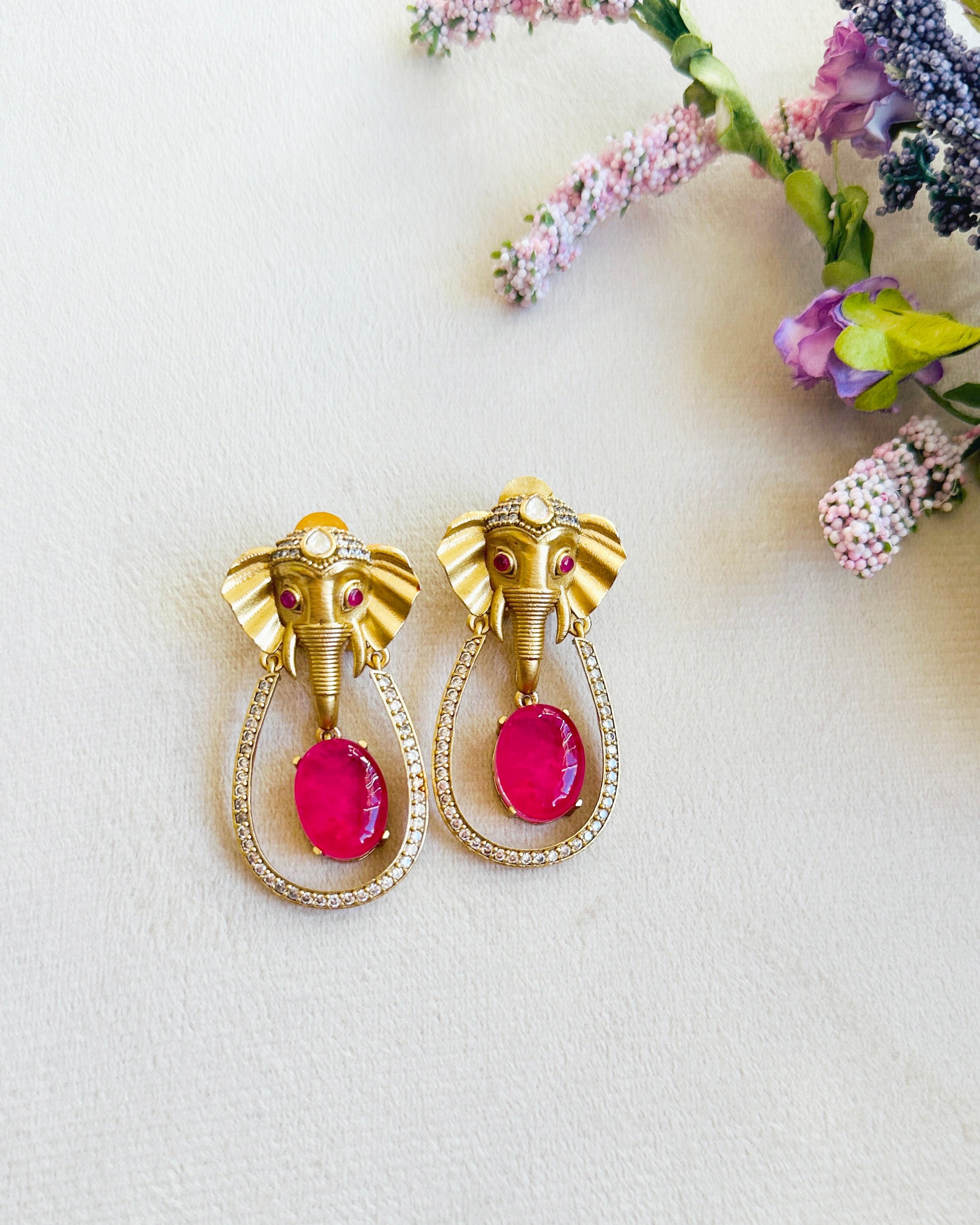 Matira Elephant Motif Statement Earrings Pink - The pashm