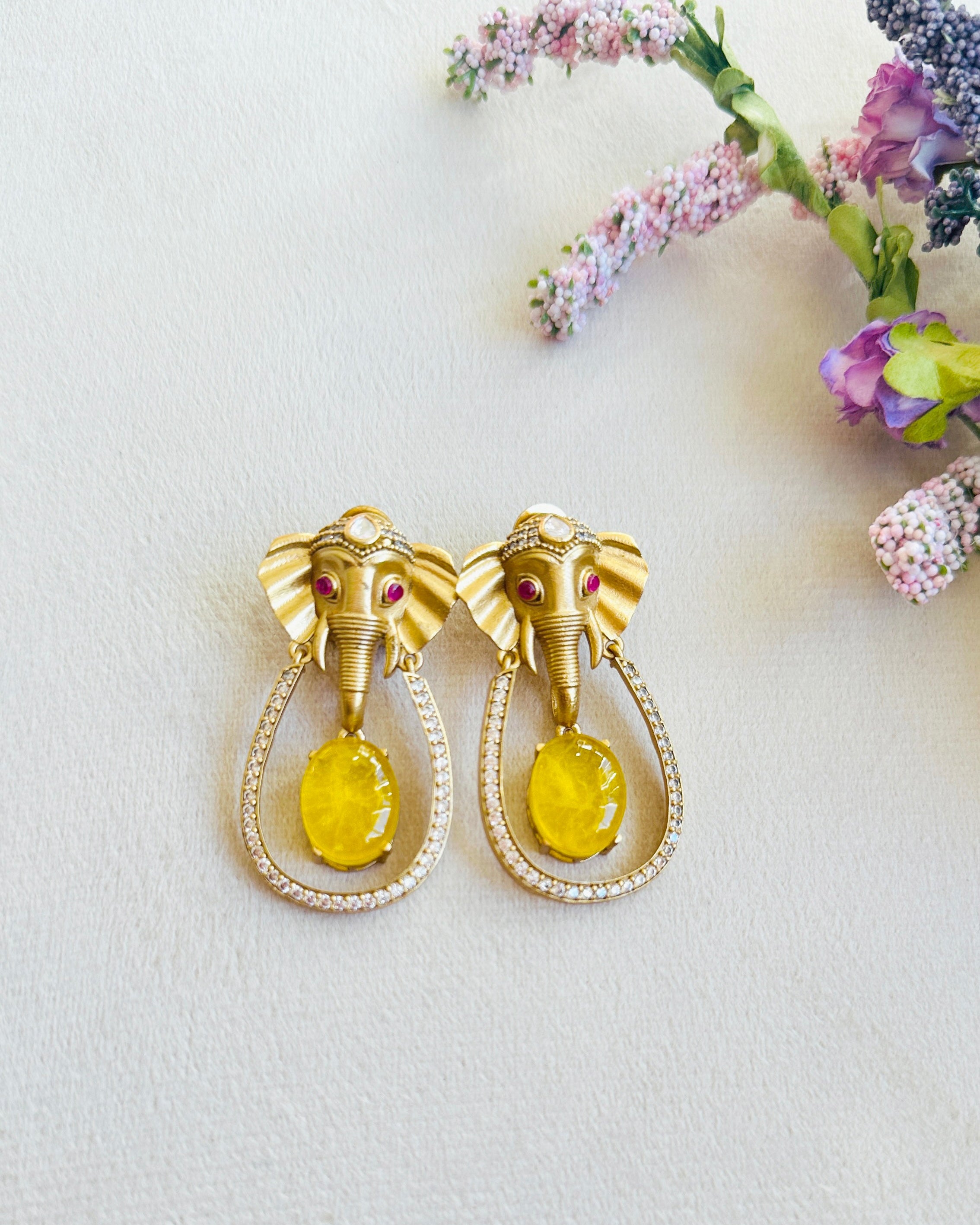 Matira Elephant Motif Statement Earrings Yellow - The pashm