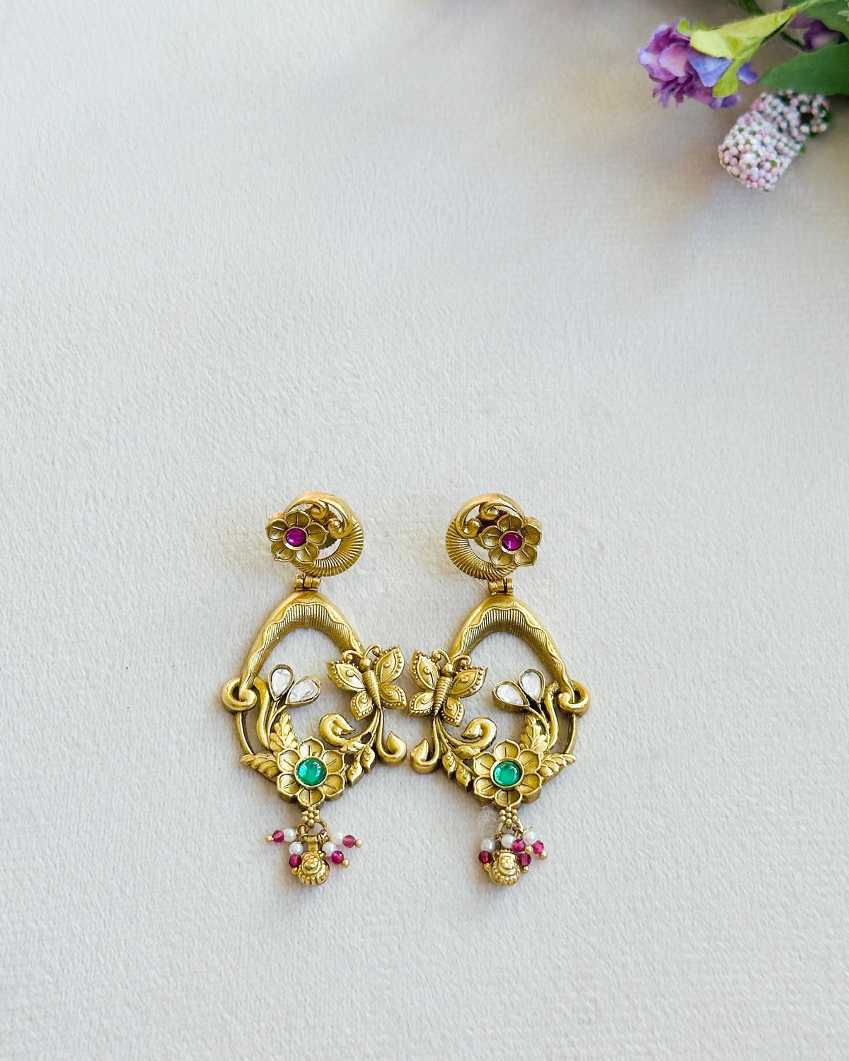 Dilnaar Antique Gold Floral Butterfly Earrings - The Pashm