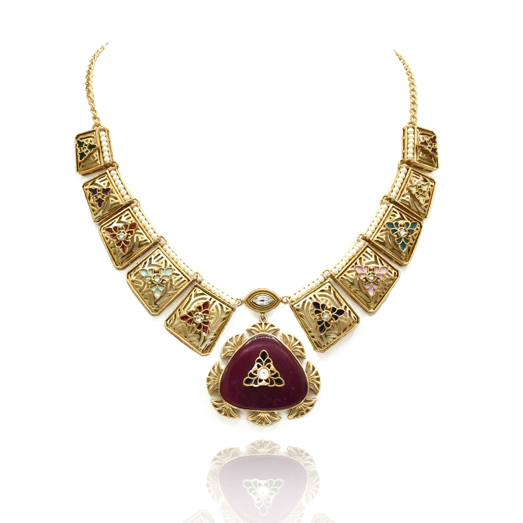 Rajvanshi Enamel Heritage Statement Necklace Red - The pashm