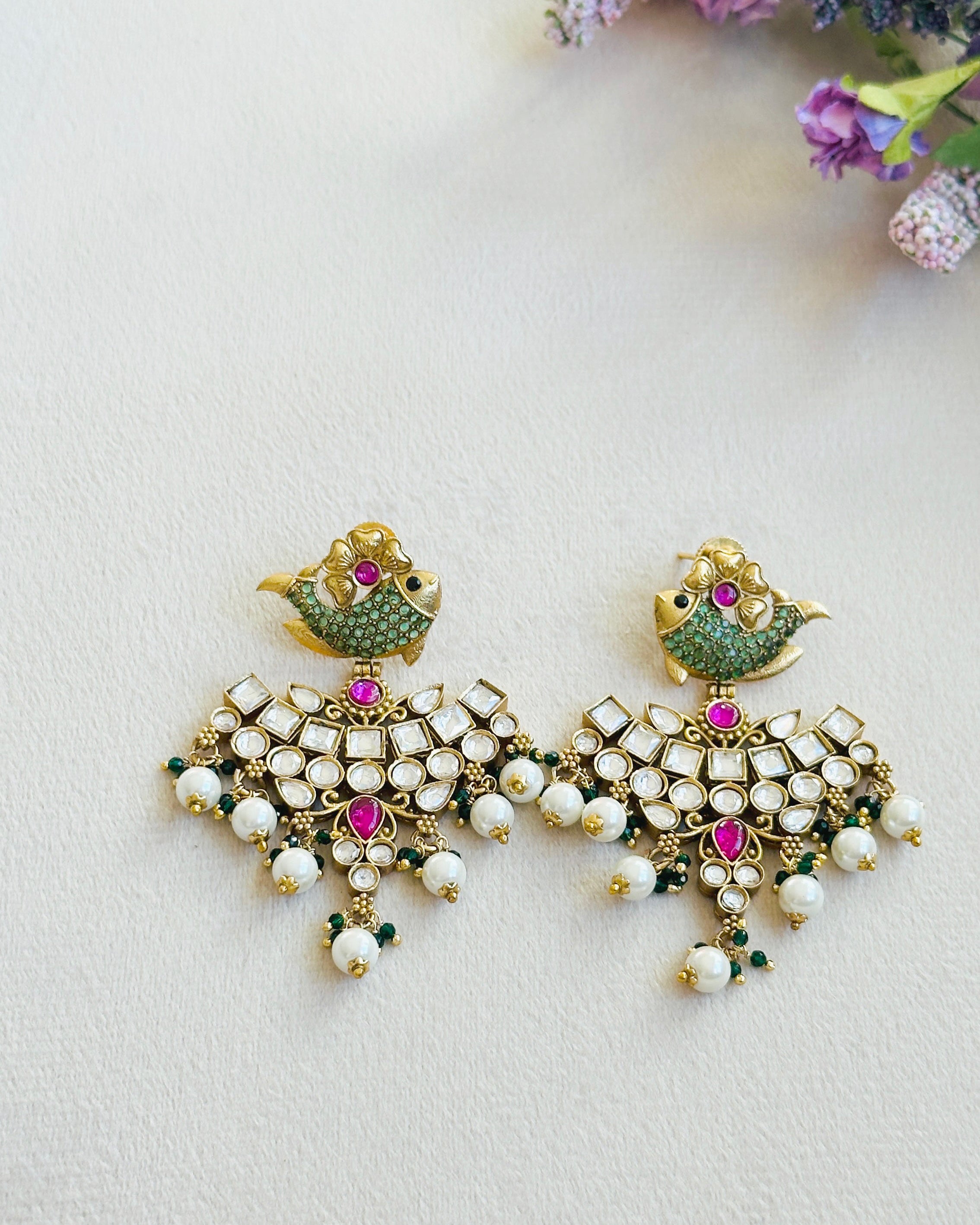 Aarzel Fish Motif Kundan Pearl Earrings - The pashm