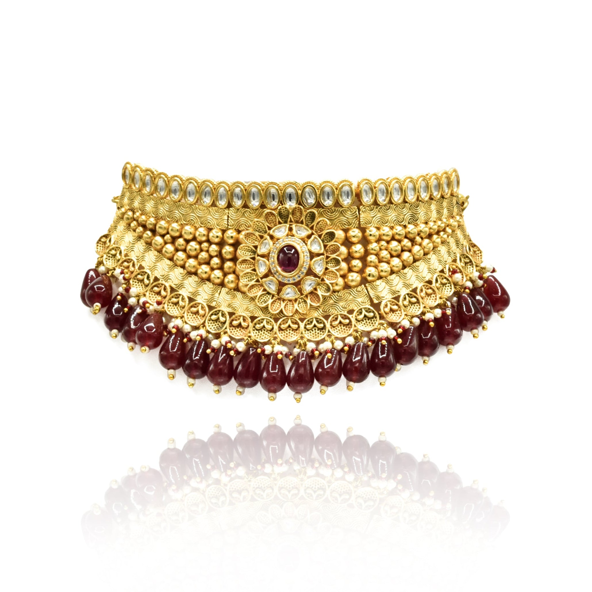Ragini Gold Plated Red Drops Choker - The Pashm