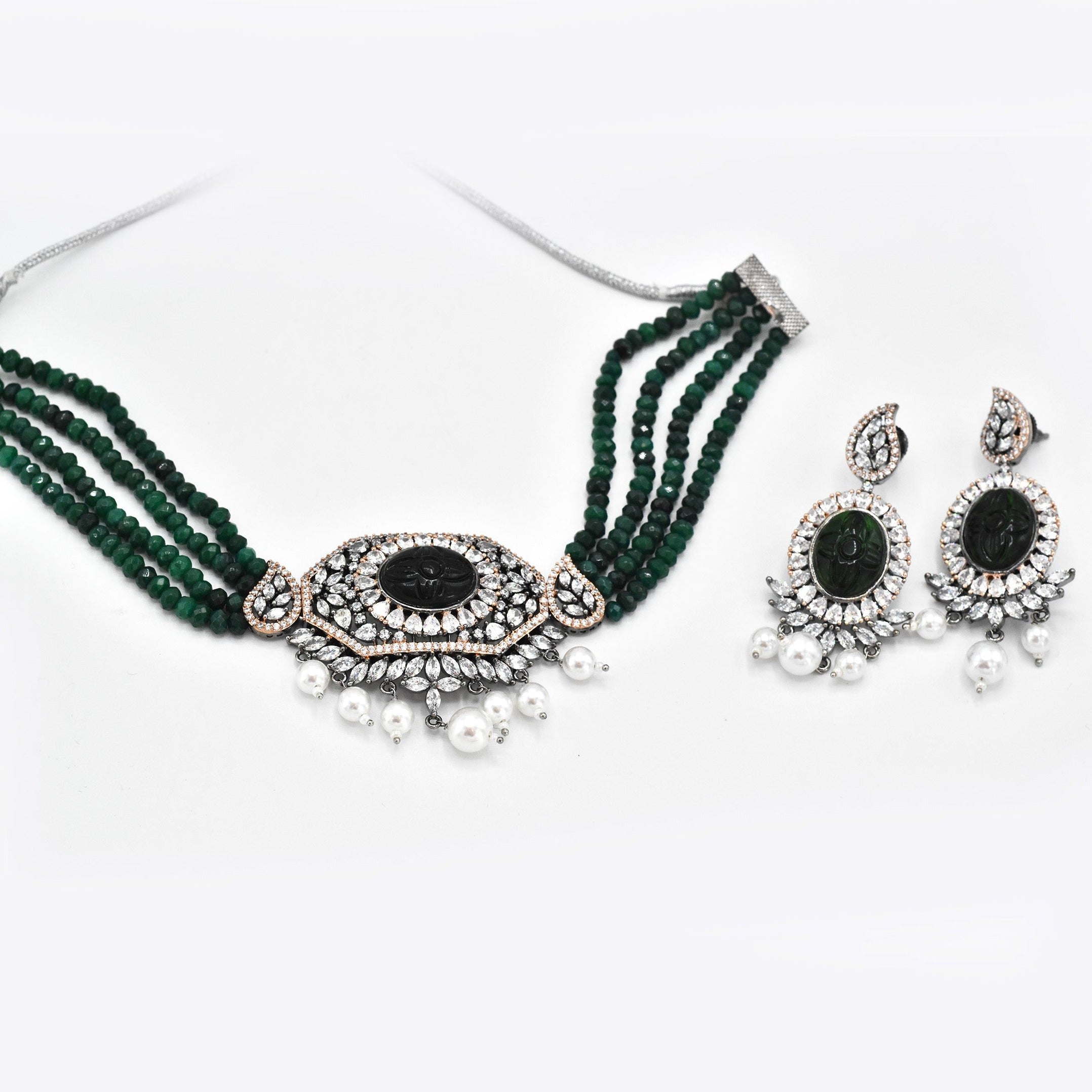 Doreen American Diamond Choker Set - Green - The Pashm