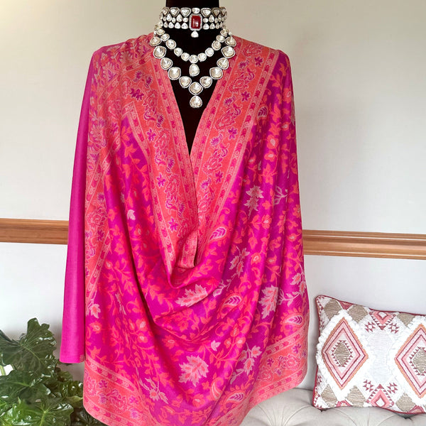 Pink Floral Kani Wool Shawl - The pashm