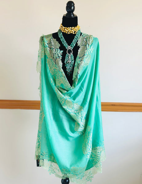 Lace Pashmina Shawl Green - The Pashm