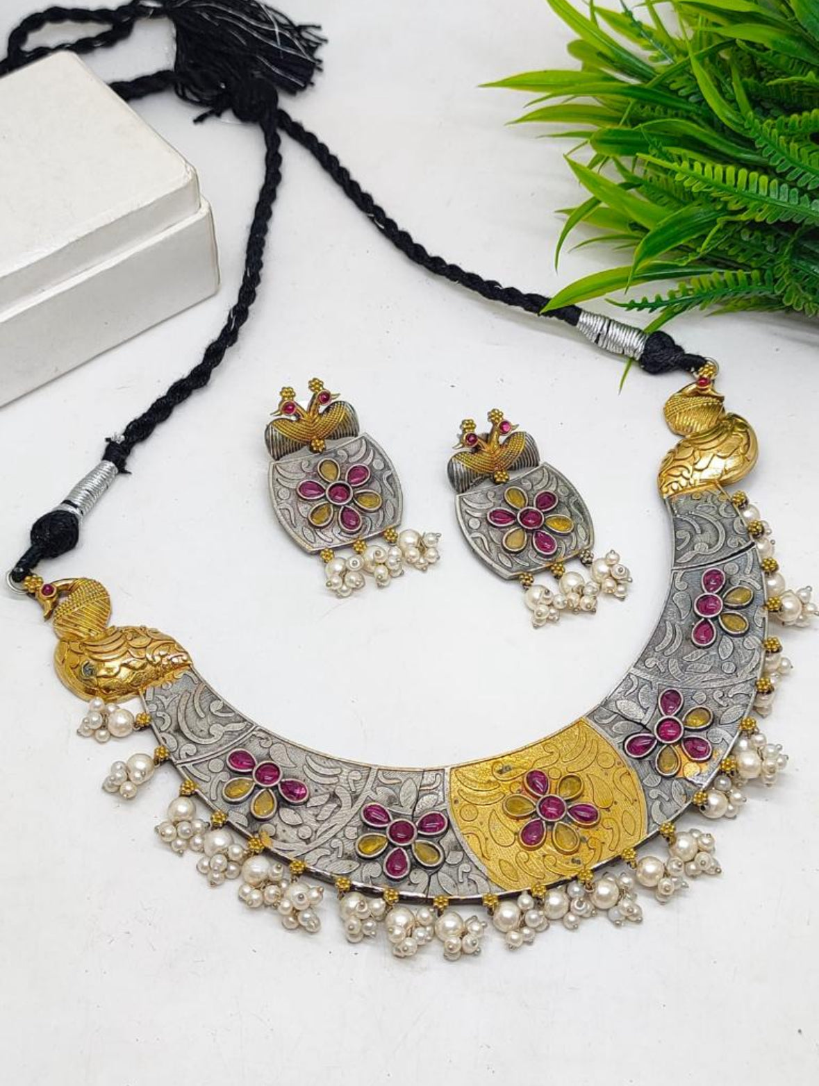 Prabha Fusion Studded Silver Hasli Set - The Pashm