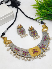 Prabha Fusion Studded Silver Hasli Set - The Pashm