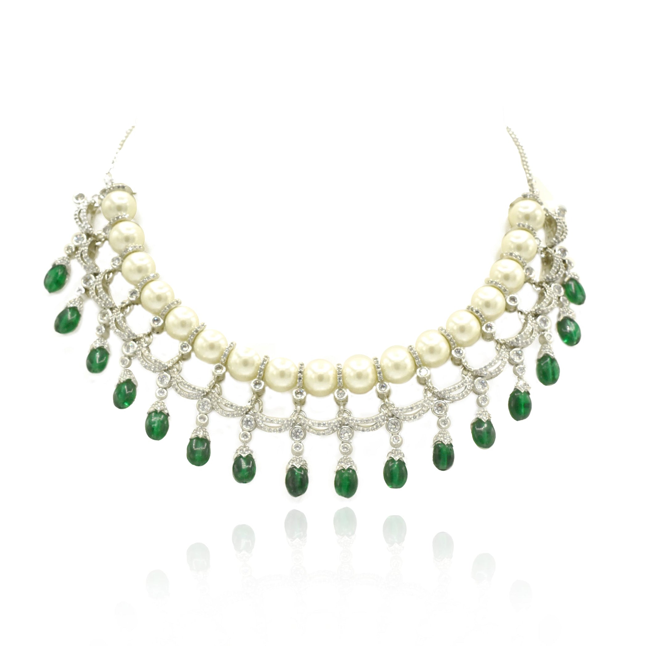 Silver-tone pearl and American Diamond necklace set with white pearls, jewel-green drop stones, sparkling crystal detailing and matching long earrings.