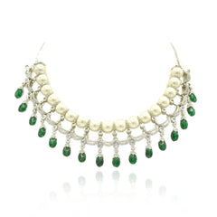 Silver-tone pearl and American Diamond necklace set with white pearls, jewel-green drop stones, sparkling crystal detailing and matching long earrings.