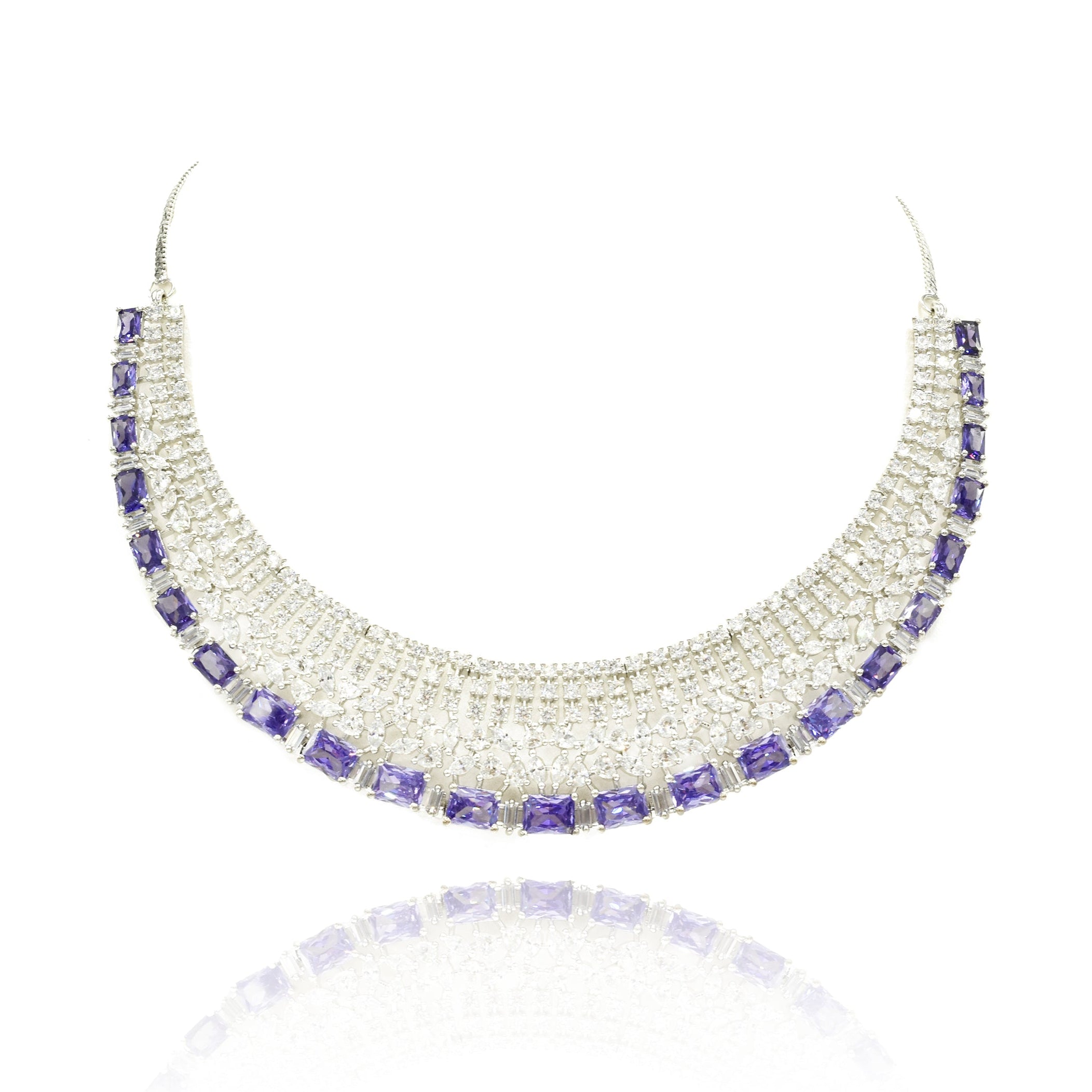 Purple American Diamond choker necklace set with rectangular purple stones, sparkling clear crystals and matching circular statement earrings.