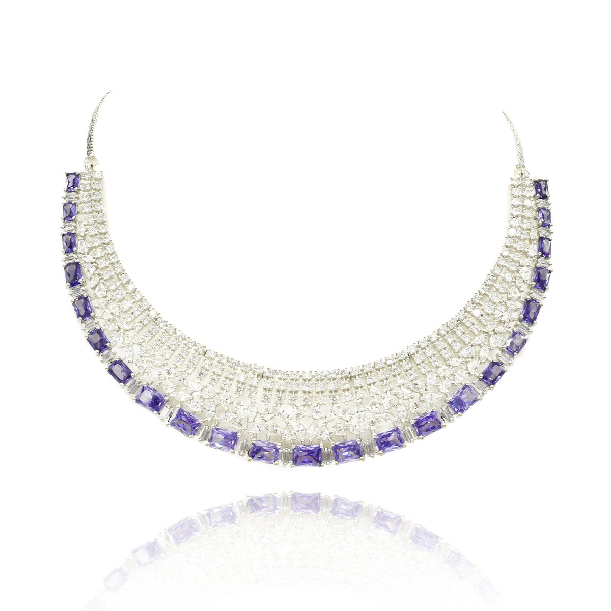 Purple American Diamond choker necklace set with rectangular purple stones, sparkling clear crystals and matching circular statement earrings.
