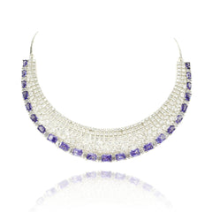 Purple American Diamond choker necklace set with rectangular purple stones, sparkling clear crystals and matching circular statement earrings.