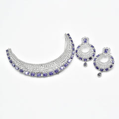 Purple American Diamond choker necklace set with rectangular purple stones, sparkling clear crystals and matching circular statement earrings.