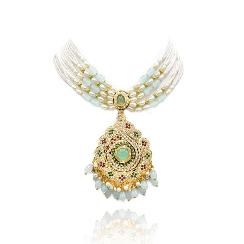 Zehna Jadau Necklace Set Mint - The Pashm