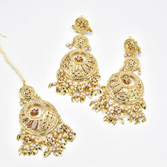 Naamia Jadau Earrings Tikka Set Red - The Pashm