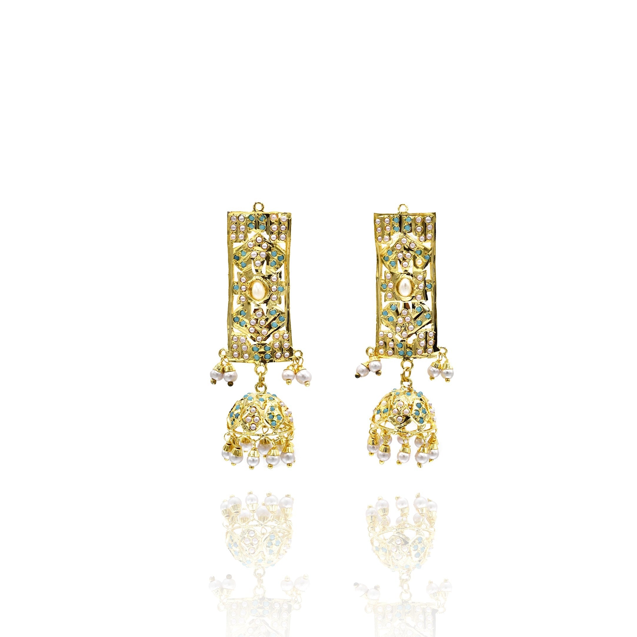 Aamna Jadau Jhumki Earrings Firozi - Pearl