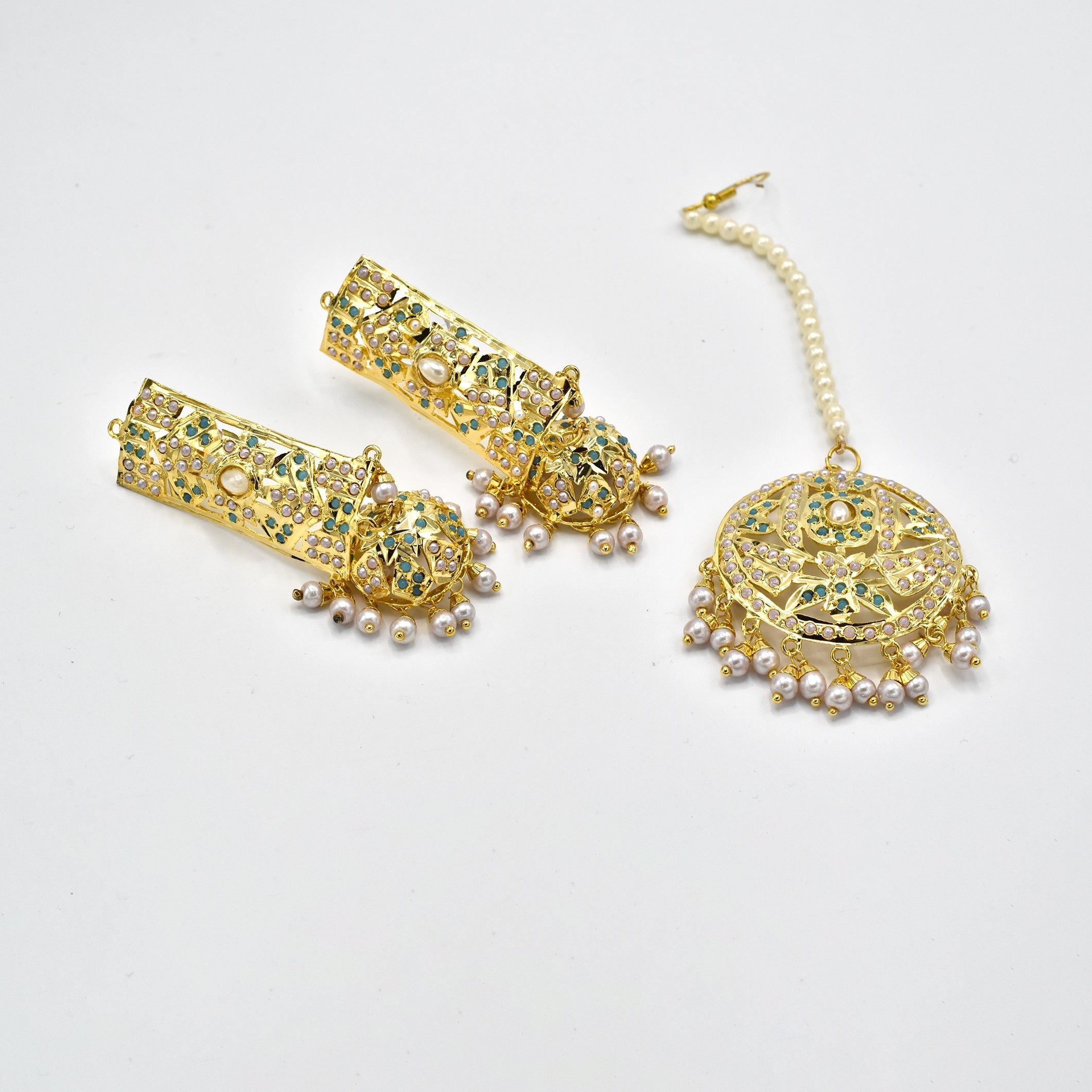 Aamna Jadau Jhumki Earrings Firozi - Pearl