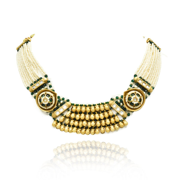 Jiya Motif Antique Gold Beads Choker Set - The pashm