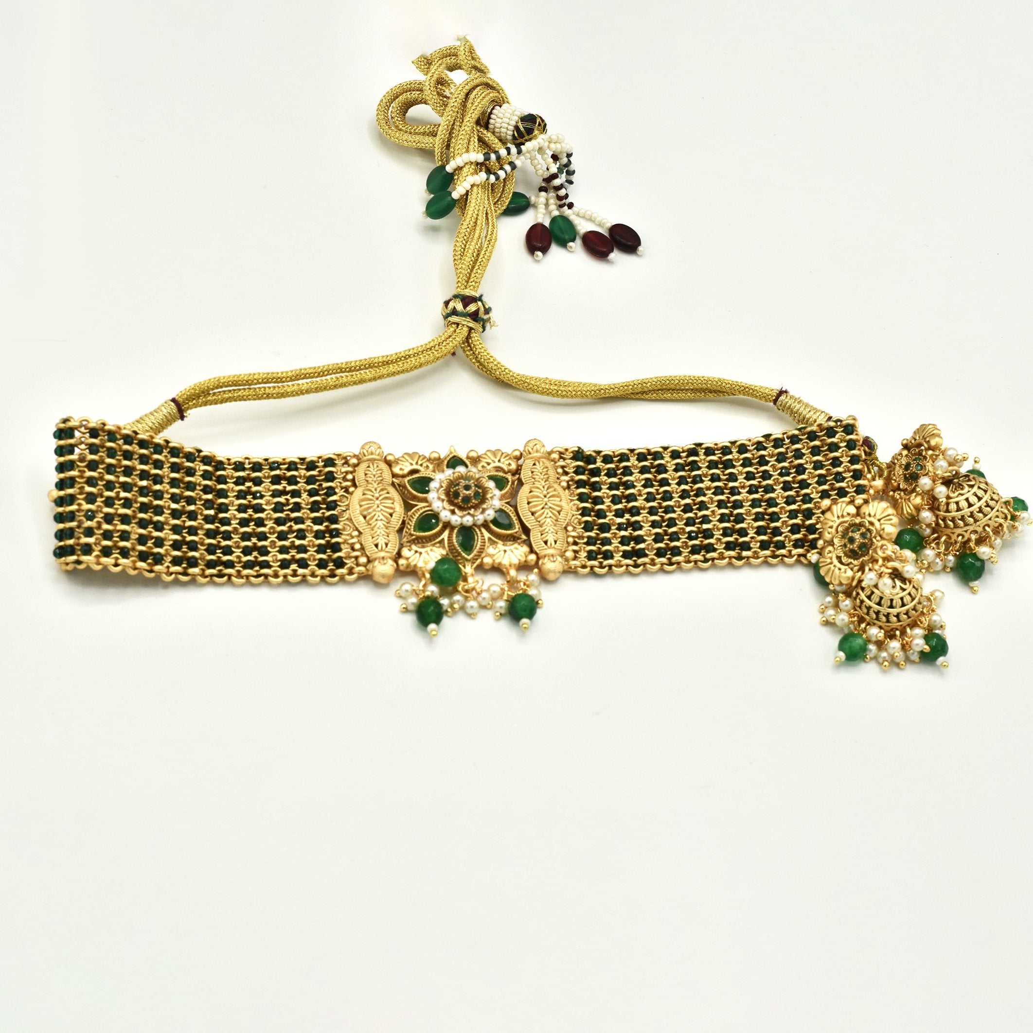 Udvika Flower Antique Gold Choker Set Green. - The Pashm