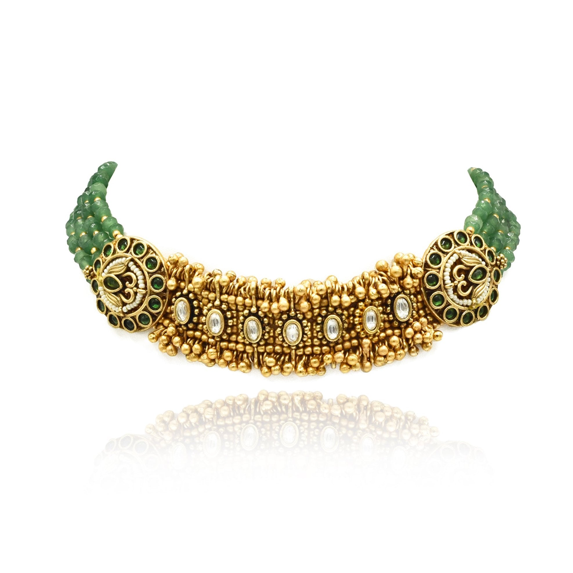 Soumya Motif Antique Gold Green Choker Set