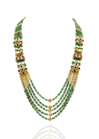 Poorva Antique Gold Motif Layered Green Necklace - The Pashm