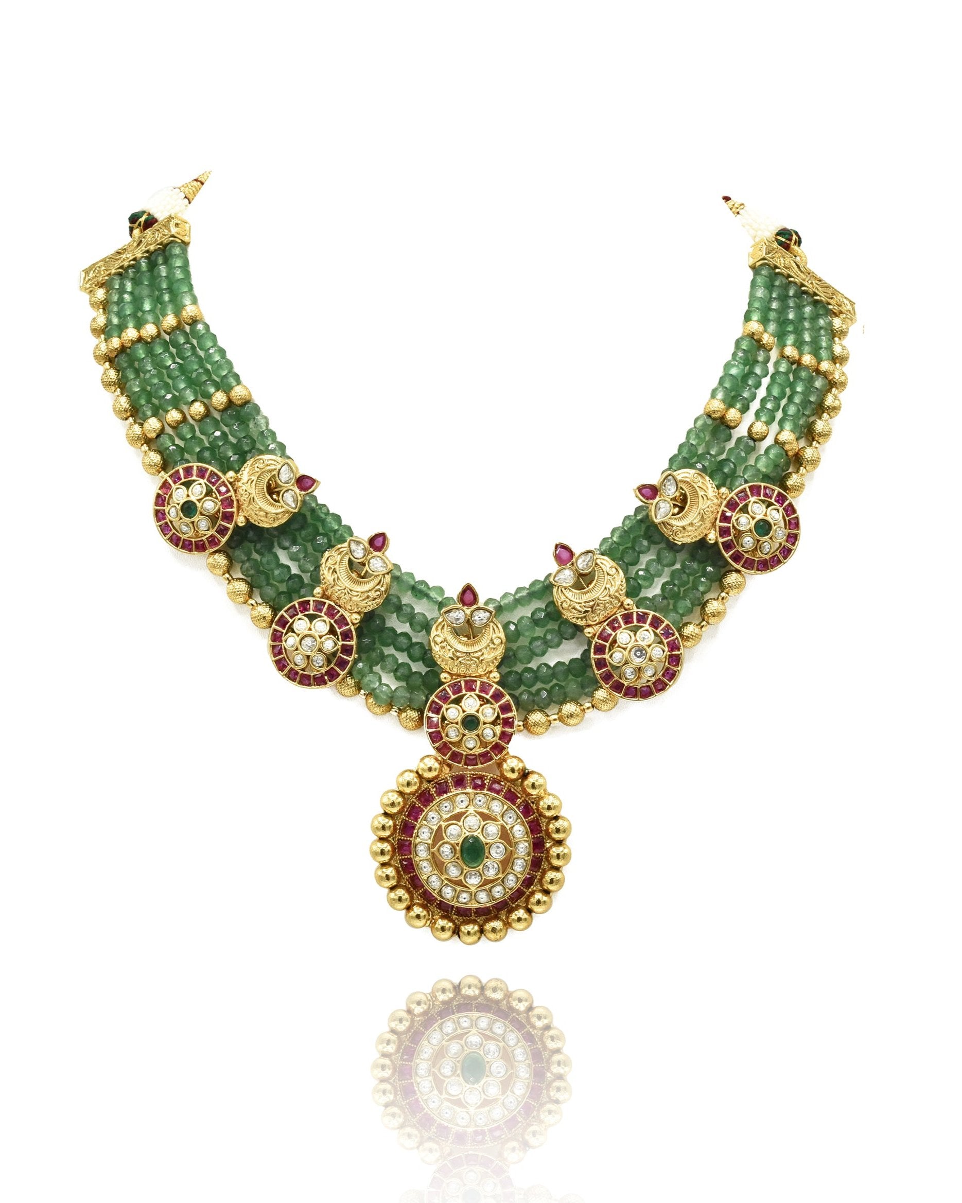 Aarnika Antique Gold Motif Pendant Necklace Set Green - The Pashm