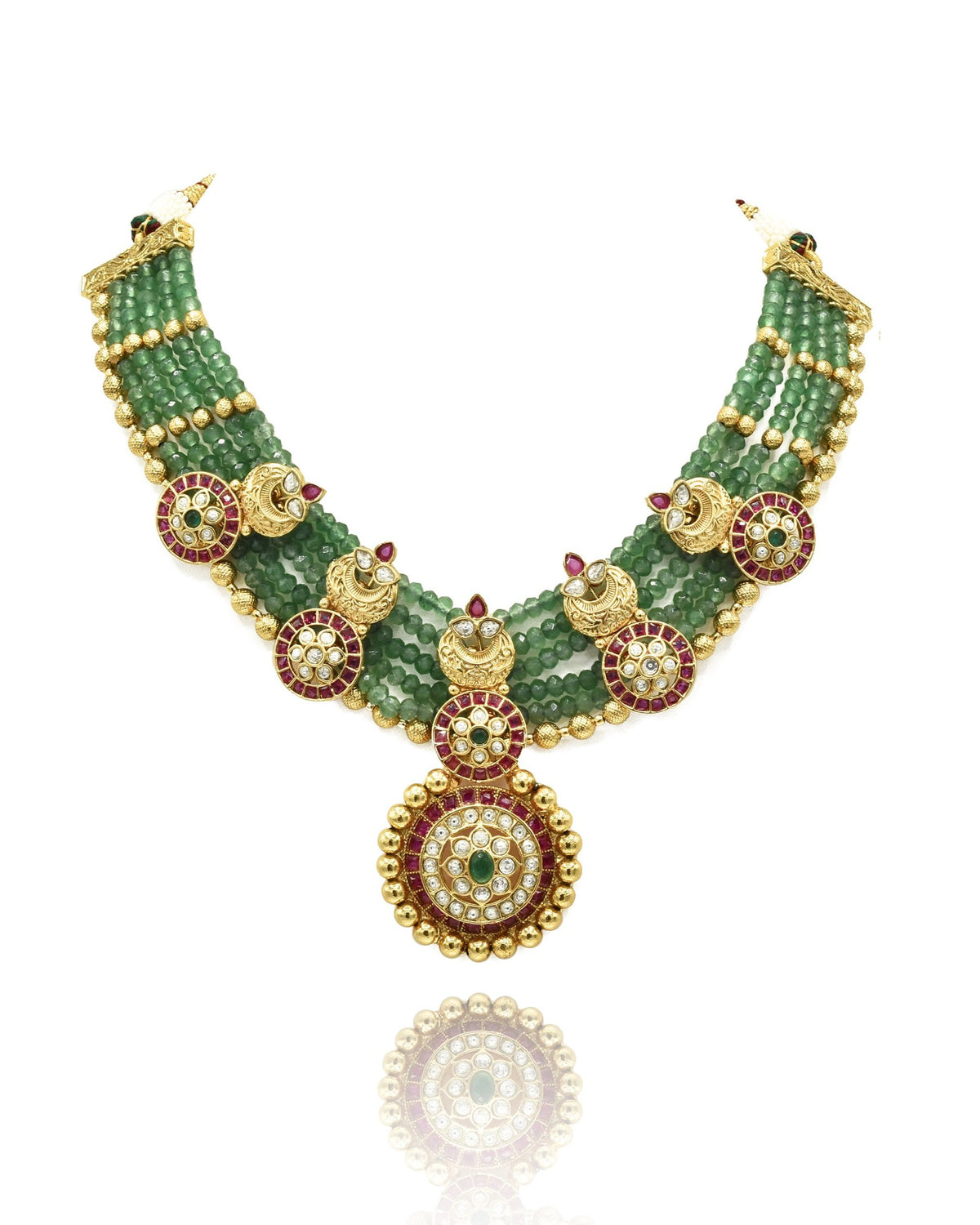 Aarnika Antique Gold Motif Pendant Necklace Set Green - The Pashm