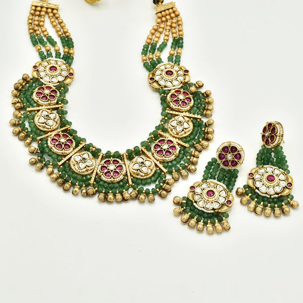 Aasha Antique Gold Kundan Motif Green Necklace - The Pashm