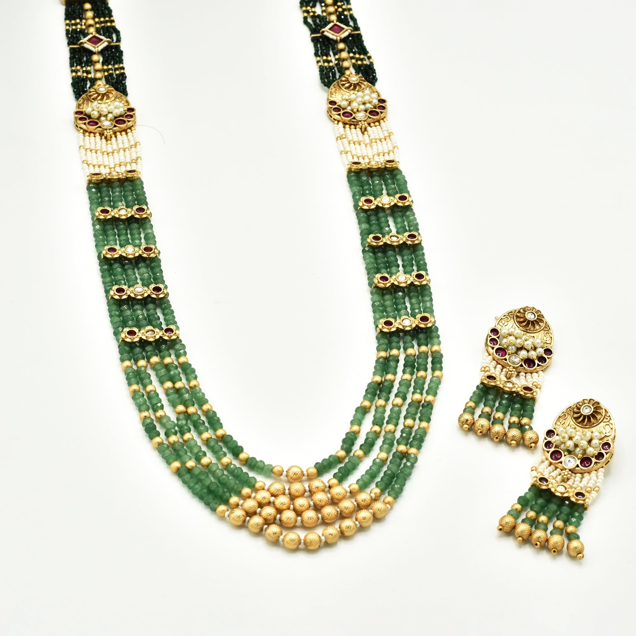 Ananika Antique Gold Motif Layered Green Necklace - The Pashm