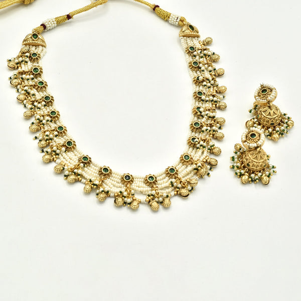 Beena Pearl Strands Antique Gold Necklace Green - The Pashm