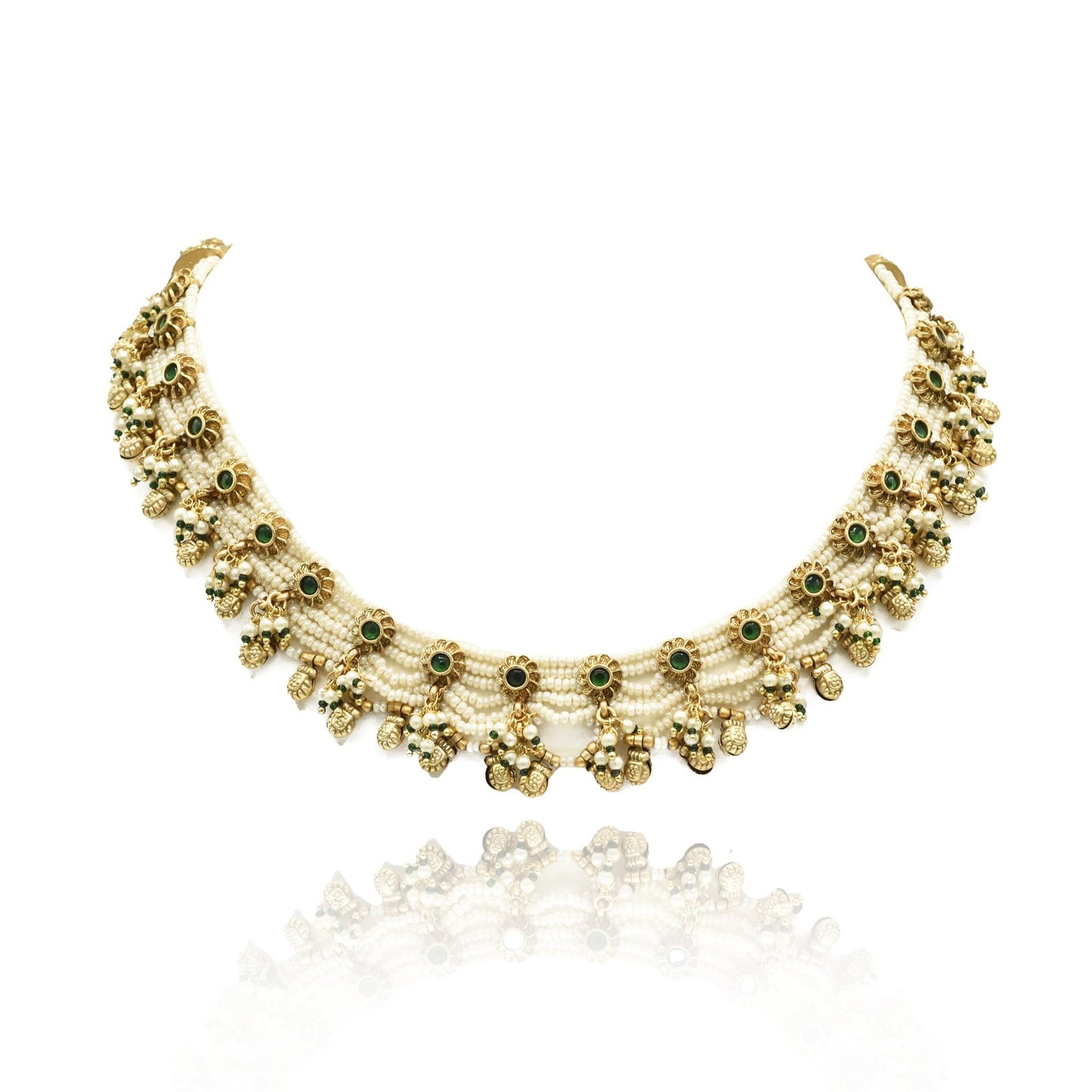 Beena Pearl Strands Antique Gold Necklace Green - The Pashm