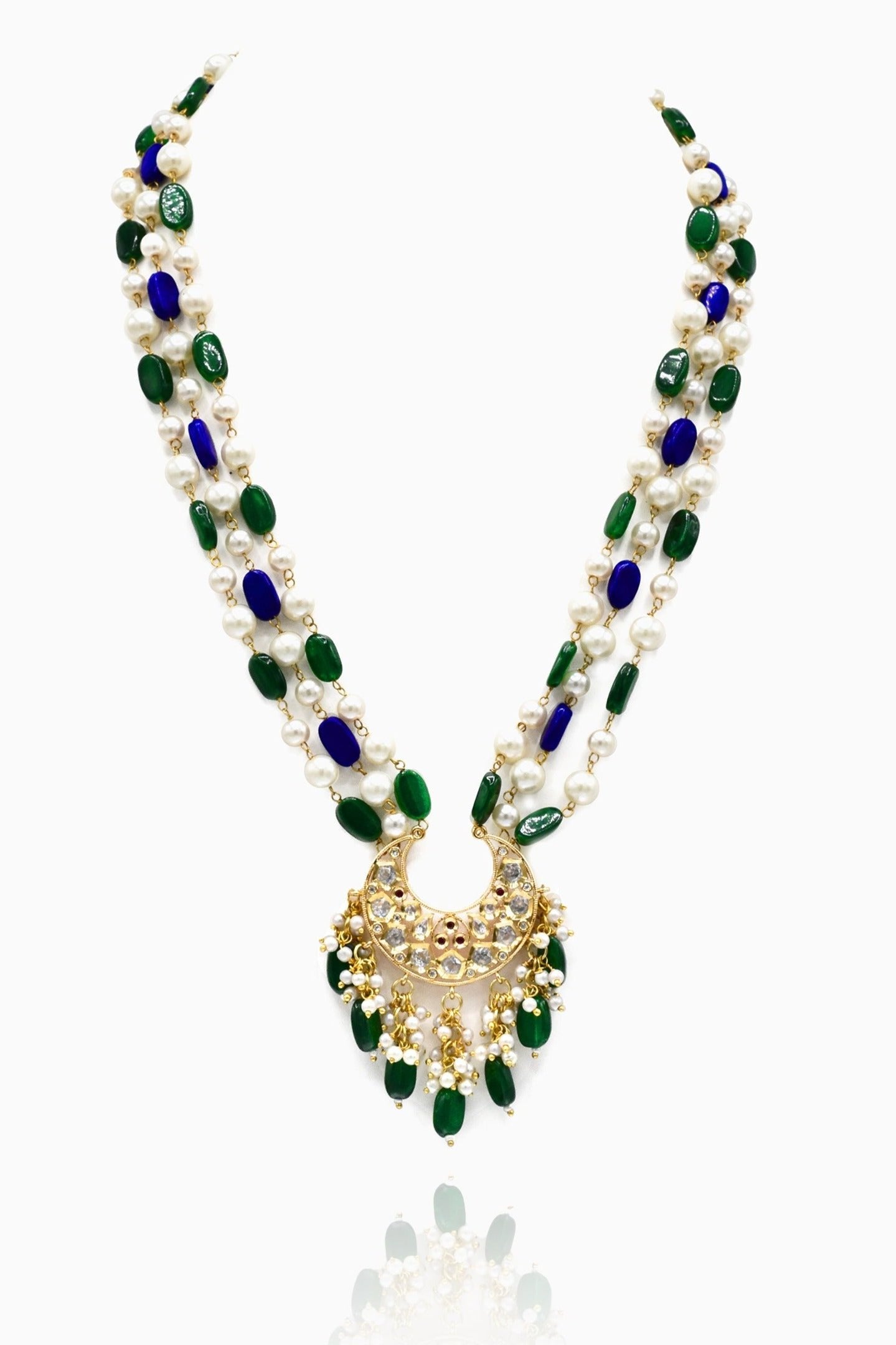 Vasuda Kundan Green Blue Necklace Set - The Pashm