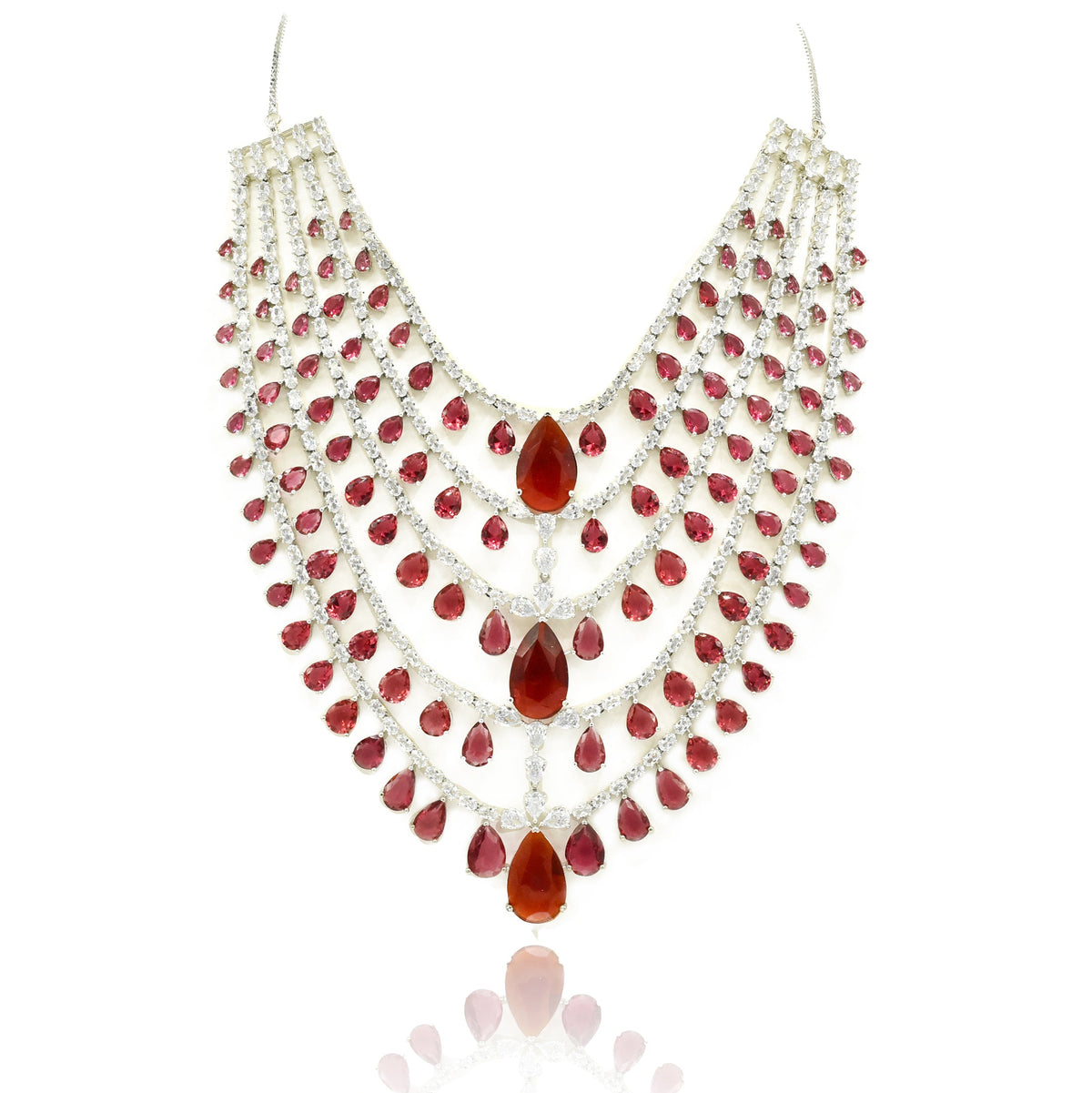 Zunaira American Diamond Layered Ruby Red Statement Necklace - The pashm