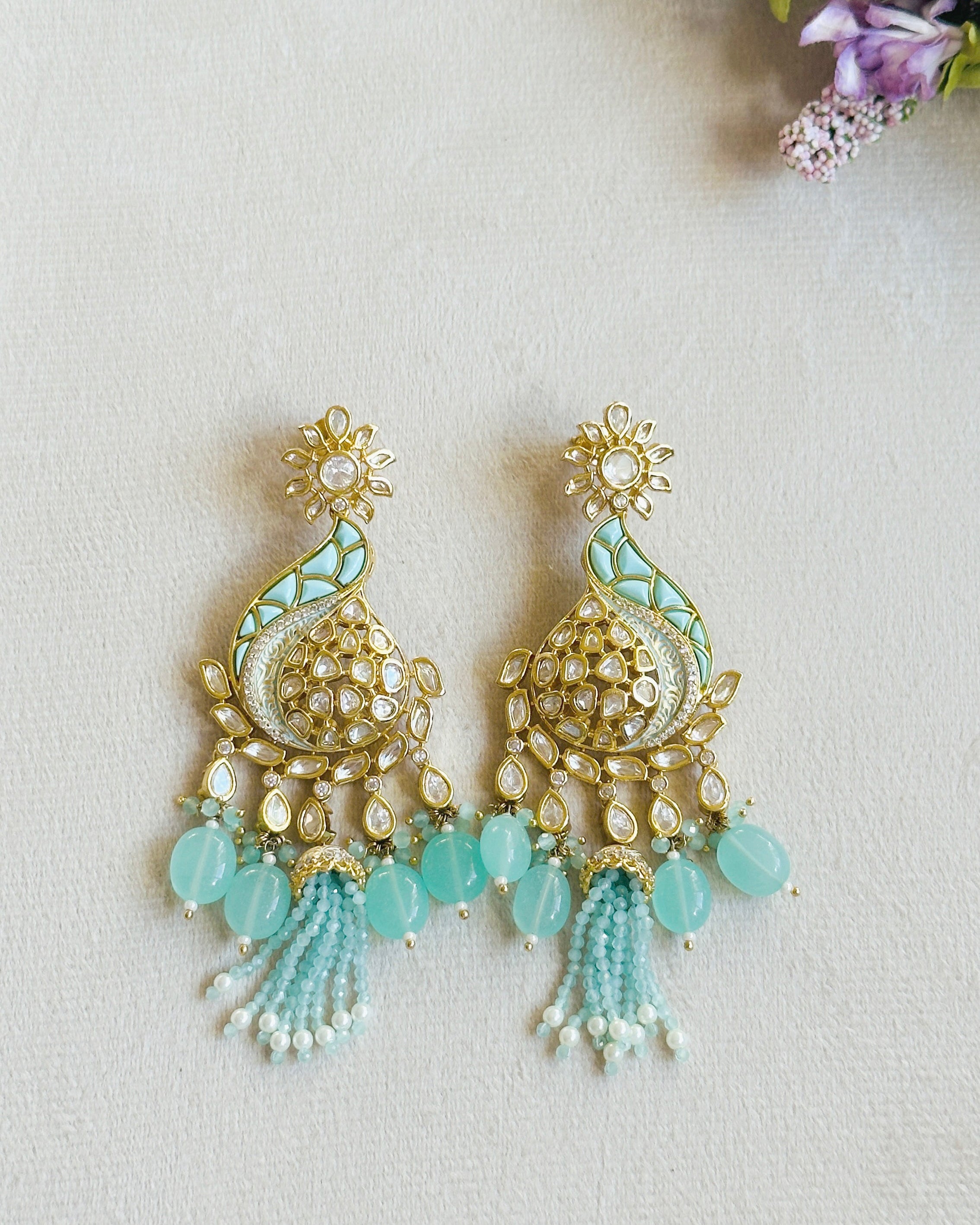 Ishi Polki Paisley Tassel Earrings Mint - The Pashm