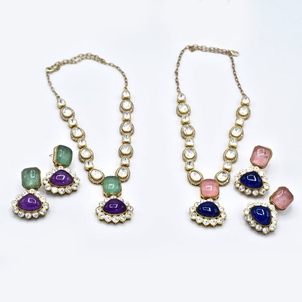 Neeti Moissanite Crystal Necklace Set Green Purple - The Pashm
