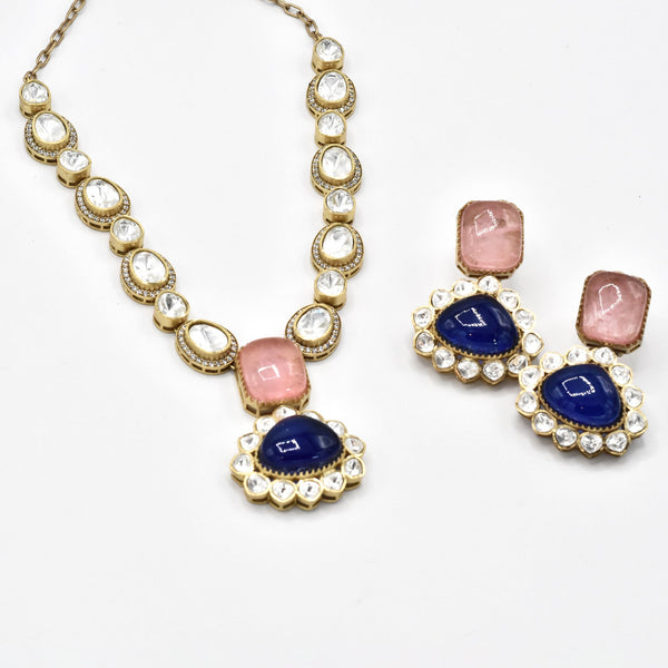 Neeti Moissanite Crystal Necklace Set Pink Blue - The Pashm