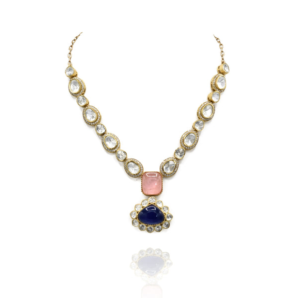Neeti Moissanite Crystal Necklace Set Pink Blue - The Pashm
